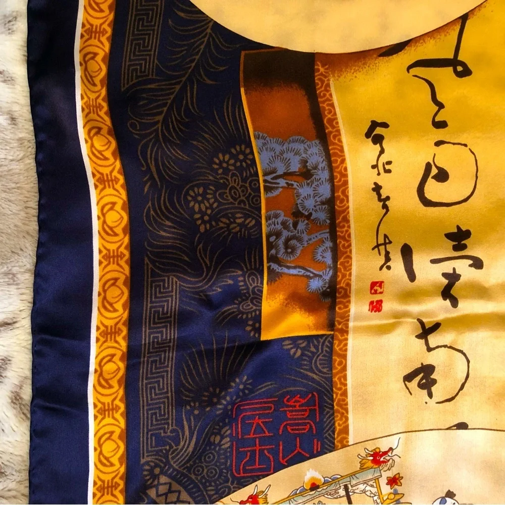 Vintage Chinese Japanese Silk Wrap Scarf Shawl - 40” Gold Blue Red Cream Brown
